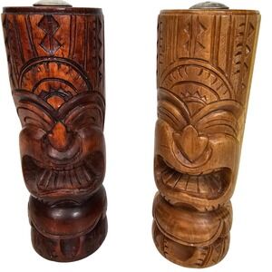 Wooden Tiki 6" Salt & Pepper Shaker Set Totem Head Tropical Decor Vtg Hawaiian